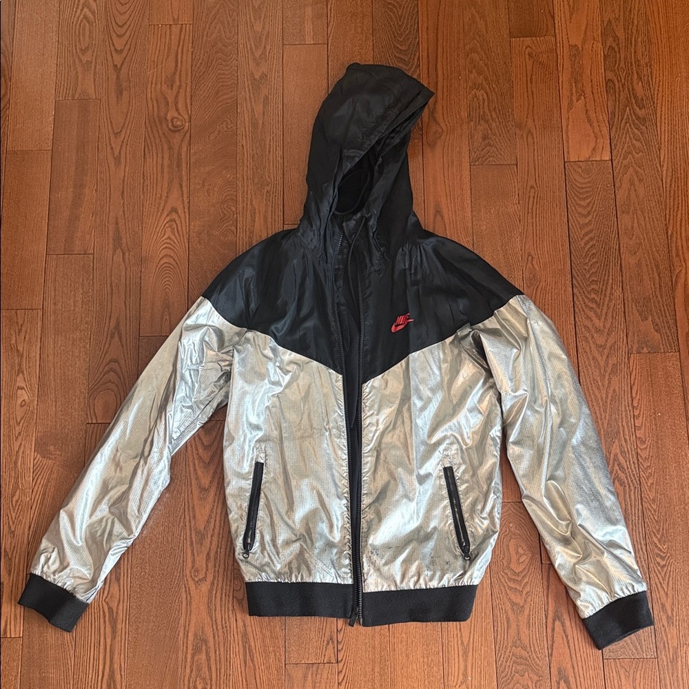 Nike Silver and Black Hooded Swoosh Windbreaker